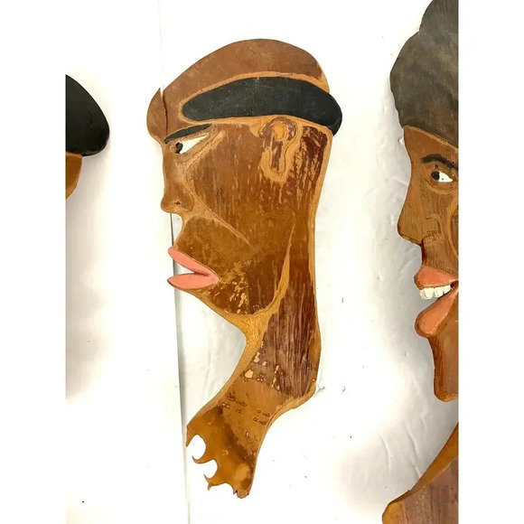 VTG Lot of 4 African Hand Carved Wood Head Profile Faces Wall Art Plaque Unique - Picture 3 of 15